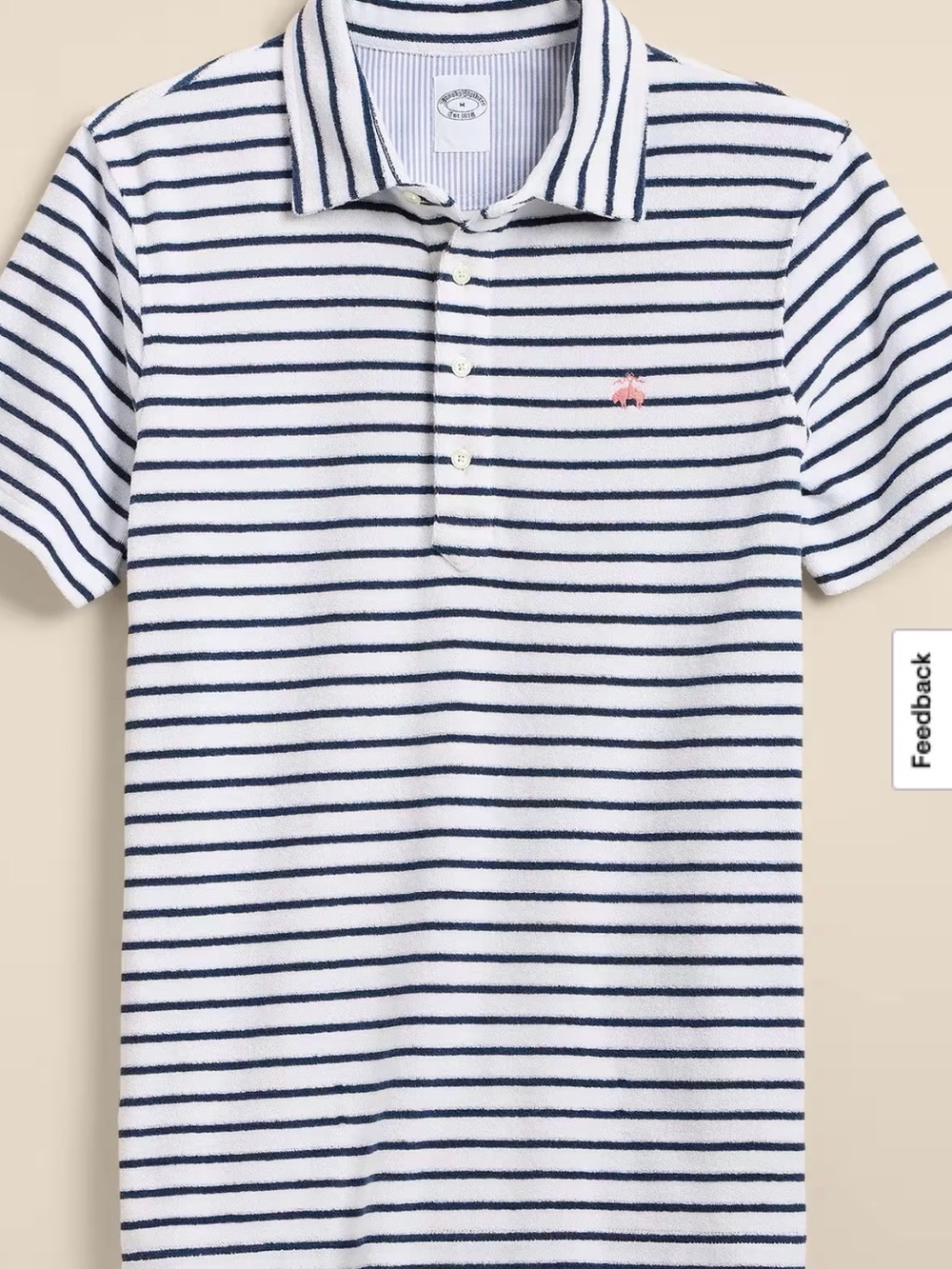 Brooks Brothers White & Navy Striped Polo with Pink Logo - Mens Terry cloth